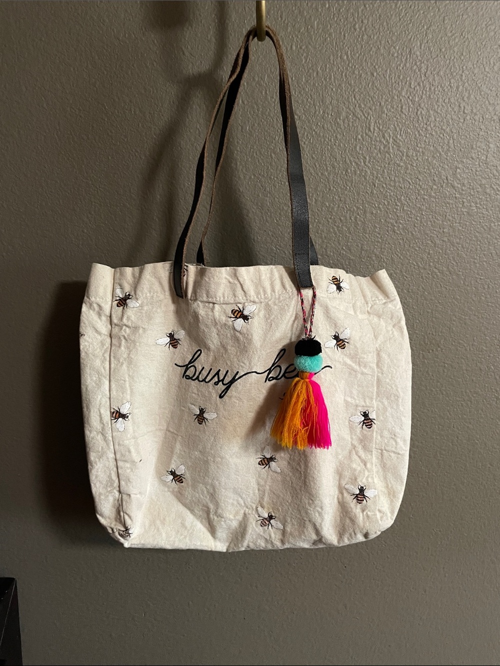 Source Unknown Cream Canvas Tote with Bee Embroidery and Colorful Tassel